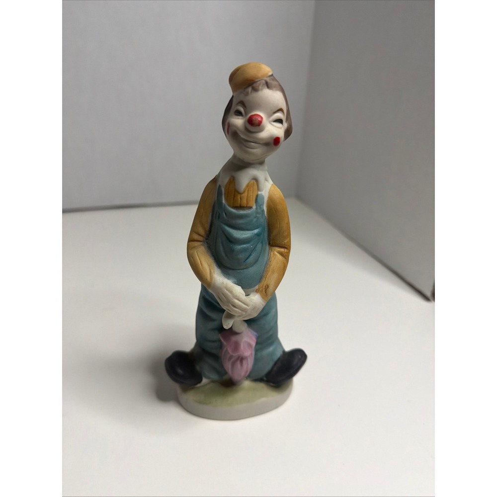Vintage Ceramic Clown Figurine Holding Umbrella Whimsical Collectible Decor